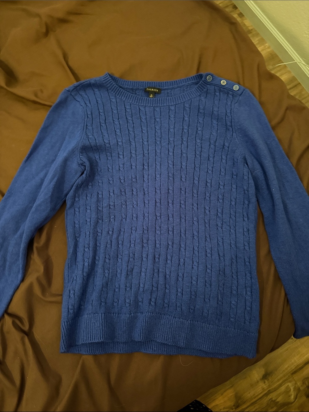 Talbots Royal Blue Cable Crew Sweater with Shoulder Buttons